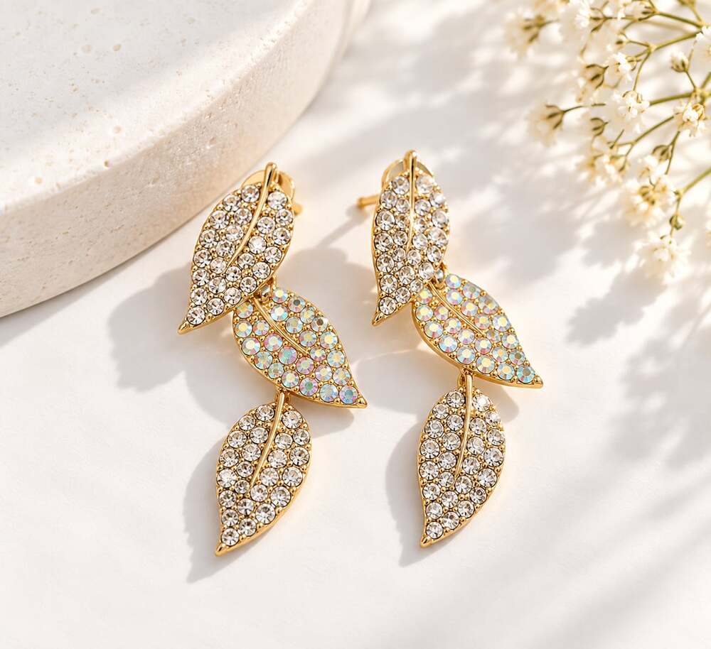 Gold Rhinestone Leaf Drop Earrings Iridescent Crystal Statement Glam